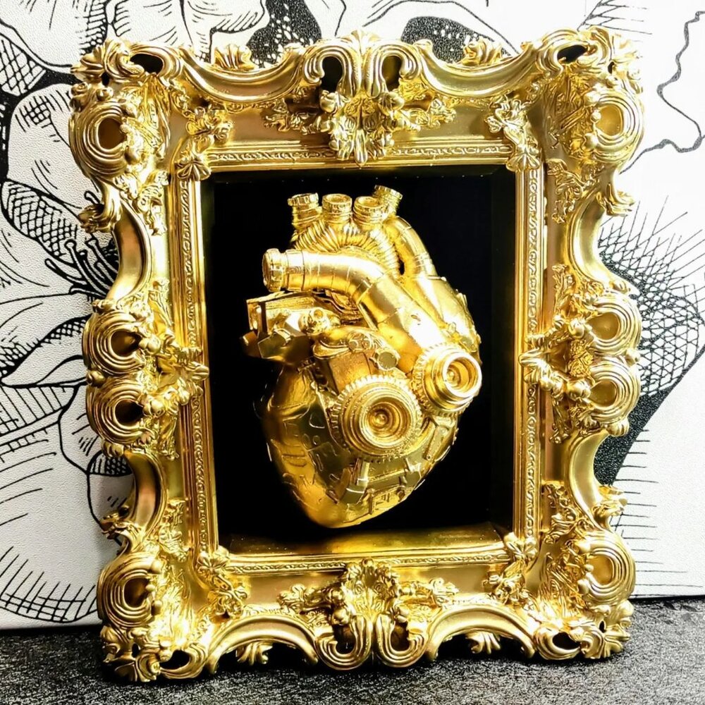 Biomechanical Heart Wall Hanging •• Gold Baroque Frame •• Luxury Steampunk Decor